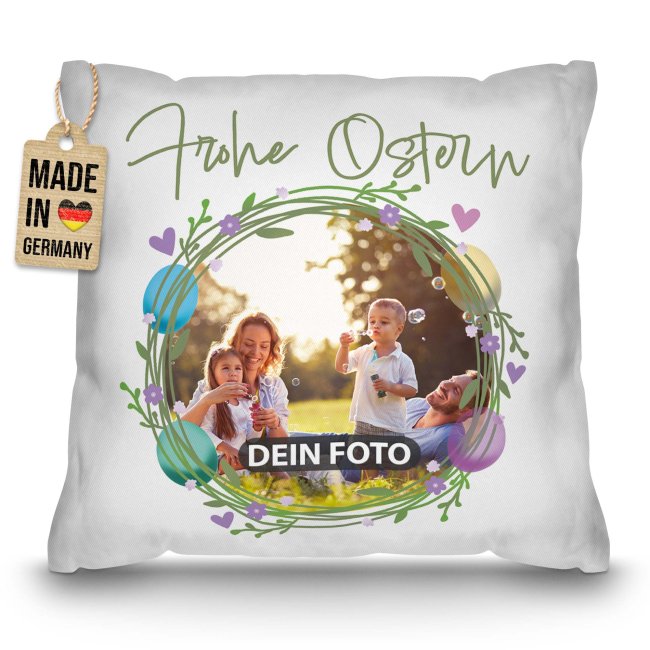 Personalisiertes Kissen - Frohe Ostern - Osterkranz Eier - mit Foto