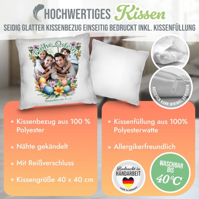Personalisiertes Kissen - Frohe Ostern - Osterkranz Blumen - mit Foto und Text -