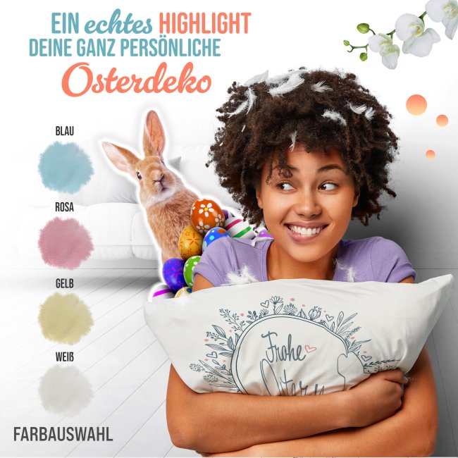 Flauschiges Kissen  - Frohe Ostern - Hase Kontur - mit Name - Wei&szlig; flauschig