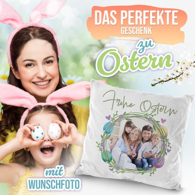Flauschiges Kissen - Frohe Ostern - Osterkranz Eier - mit Foto