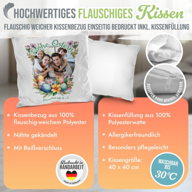 Personalisiertes Kissen - Frohe Ostern - Osterkranz Blumen - mit Foto und Text -