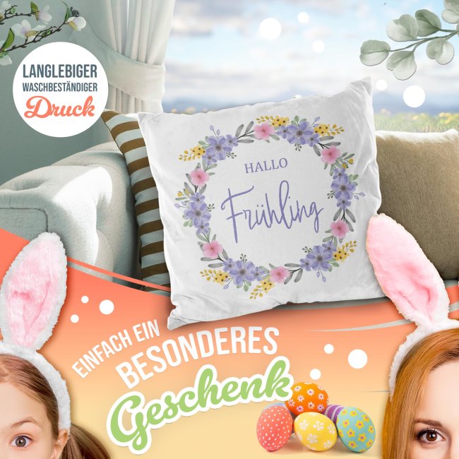 Kissen mit Spruch - Hallo Fr&uuml;hling - Lila