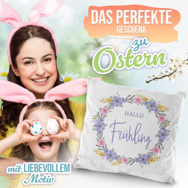 Kissen mit Spruch - Hallo Fr&uuml;hling - Lila