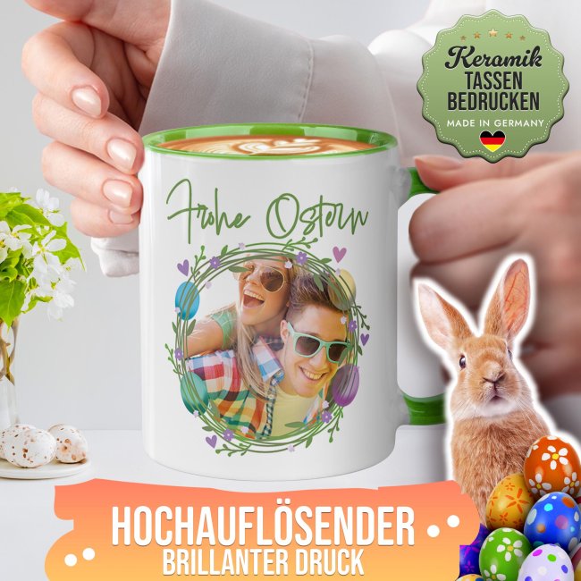 Personalisierte Tasse - Frohe Ostern - Osterkranz Eier - mit Foto
