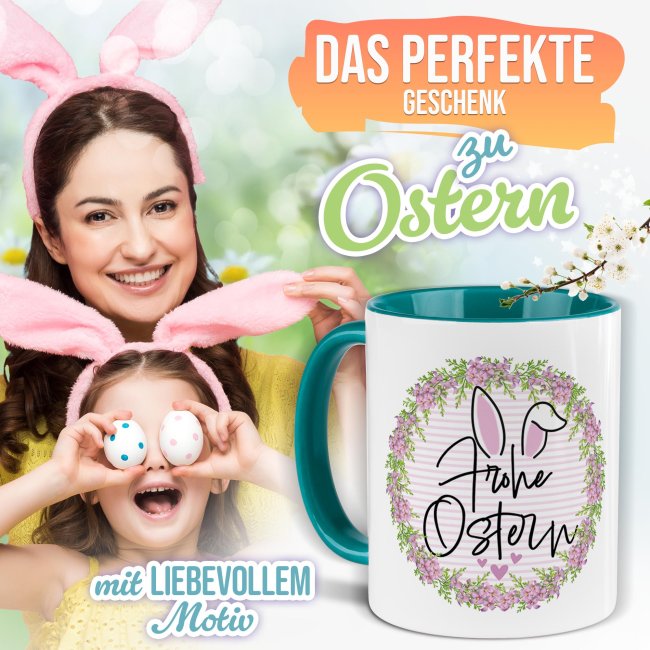 Personalisierte Tasse - Frohe Ostern - Osterkranz Hase - mit Name