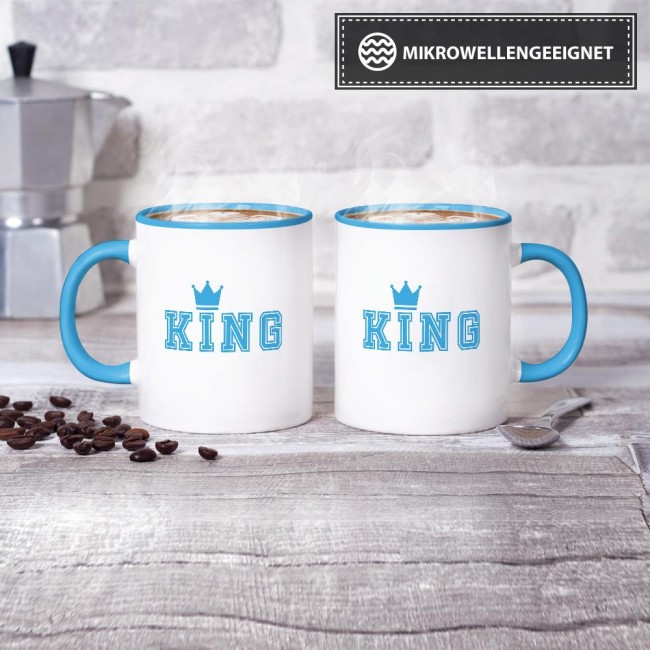 Tassenset King und Queen mit Krone Innen / Henkel Blau &amp; Rosa