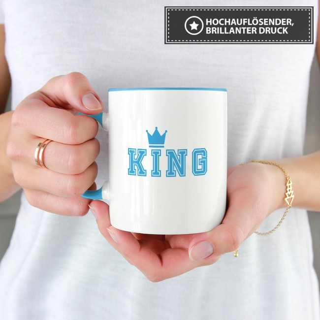 Tassenset King und Queen mit Krone Innen / Henkel Blau &amp; Rosa