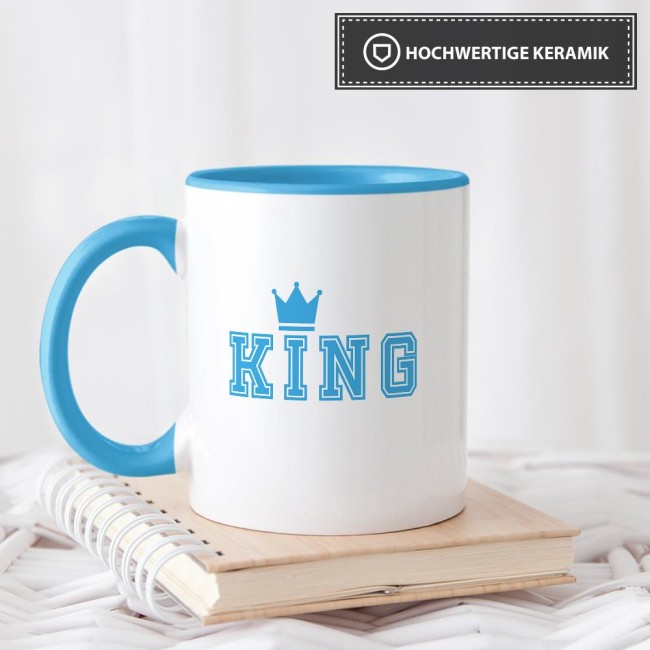 Tassenset King und Queen mit Krone Innen / Henkel Blau &amp; Rosa