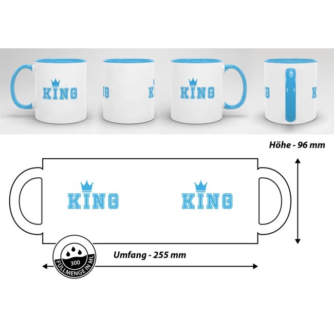Tassenset King und Queen mit Krone Innen / Henkel Blau &amp; Rosa