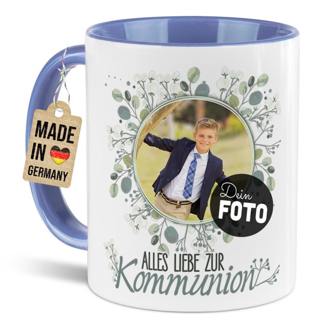 Personalisierte Tasse zur Kommunion - Alles liebe - Kreis - mit Foto - Cambridge Blau