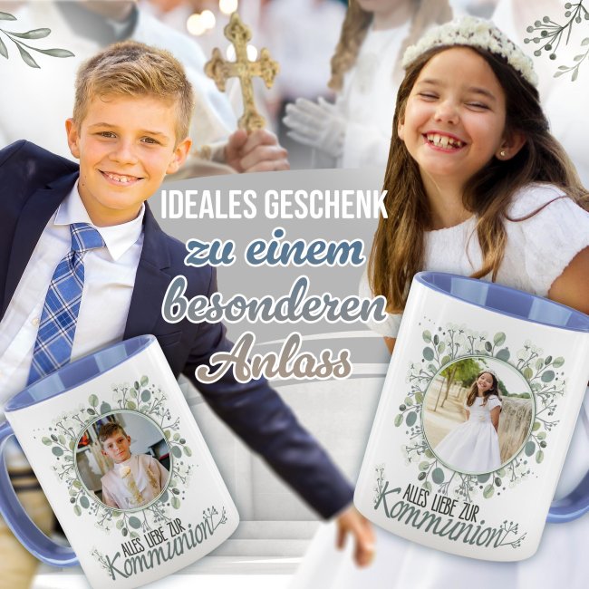 Personalisierte Tasse zur Kommunion - Alles liebe - Kreis - mit Foto - Cambridge Blau