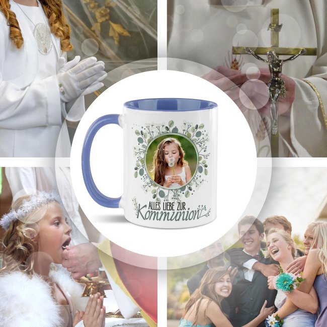 Personalisierte Tasse zur Kommunion - Alles liebe - Kreis - mit Foto - Cambridge Blau