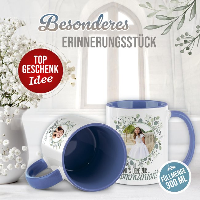 Personalisierte Tasse zur Kommunion - Alles liebe - Kreis - mit Foto - Cambridge Blau