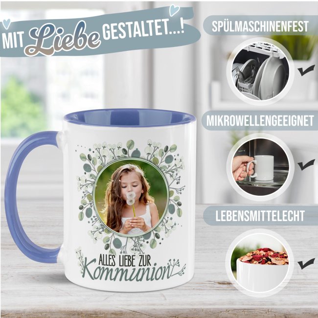 Personalisierte Tasse zur Kommunion - Alles liebe - Kreis - mit Foto - Cambridge Blau