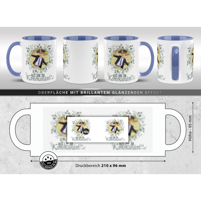 Personalisierte Tasse zur Kommunion - Alles liebe - Kreis - mit Foto - Cambridge Blau