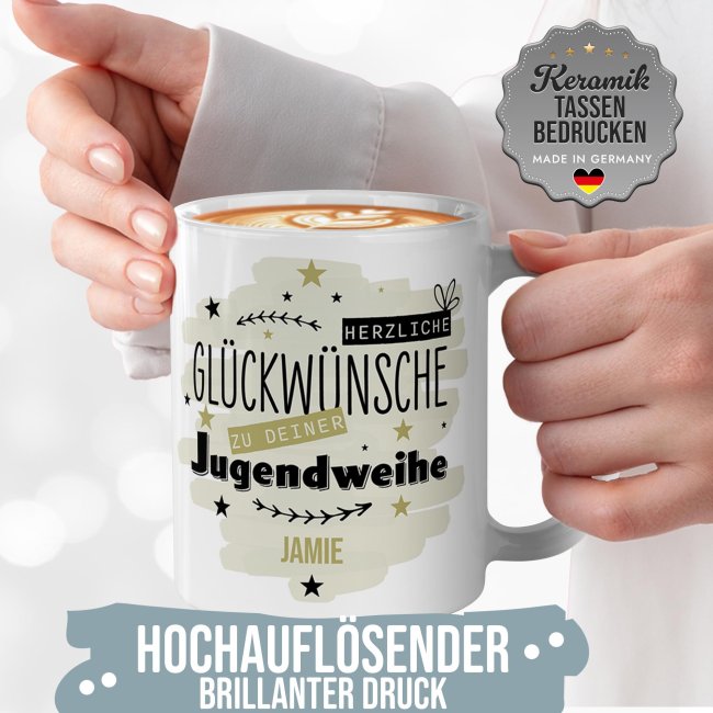 Personalisierte Tasse zur Jugendweihe - Herzliche Gl&uuml;ckw&uuml;nsche - Gr&uuml;n - mit Name