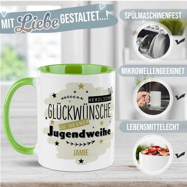 Personalisierte Tasse zur Jugendweihe - Herzliche Gl&uuml;ckw&uuml;nsche - Gr&uuml;n - mit Name