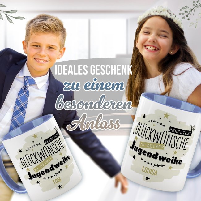 Personalisierte Tasse zur Jugendweihe - Herzliche Gl&uuml;ckw&uuml;nsche - Gr&uuml;n - mit Name