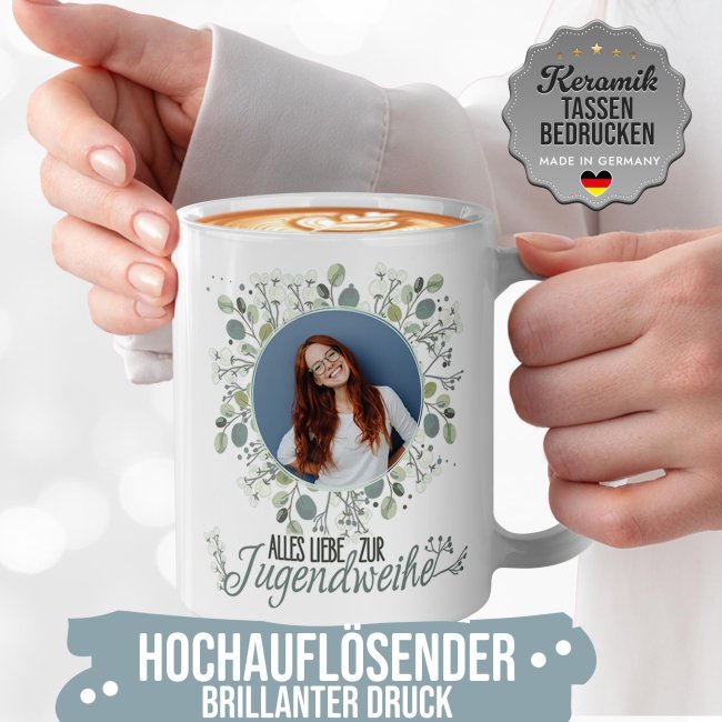 Personalisierte Tasse zur Jungendweihe - Alles liebe - Kreis - mit Foto