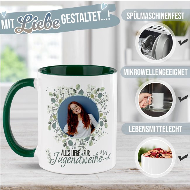 Personalisierte Tasse zur Jungendweihe - Alles liebe - Kreis - mit Foto