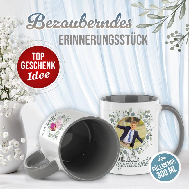 Personalisierte Tasse zur Jungendweihe - Alles liebe - Kreis - mit Foto
