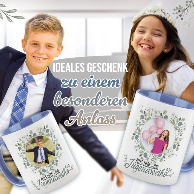 Personalisierte Tasse zur Jungendweihe - Alles liebe - Kreis - mit Foto