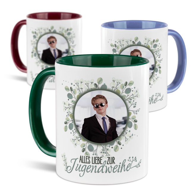 Personalisierte Tasse zur Jungendweihe - Alles liebe - Kreis - mit Foto