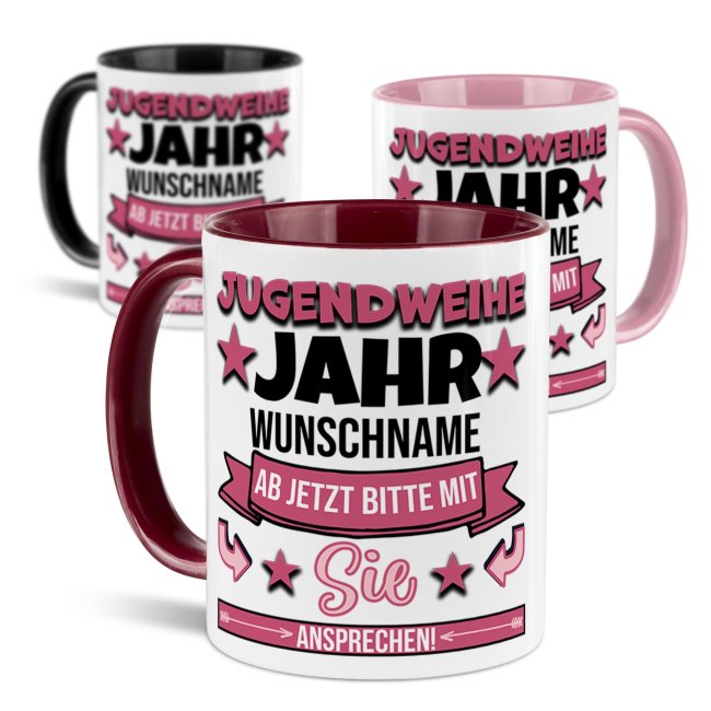 Personalisierte Tasse zur Jugendweihe - Ab jetzt mit Sie ansprechen - Pink - mit Name &amp; Jahr