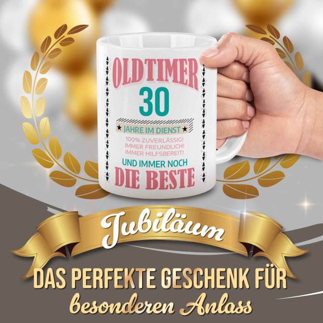 Personalisierte Tasse zum Firmenjubil&auml;um - Oldtimer im Dienst &amp; immer noch die Beste - mit Zahl