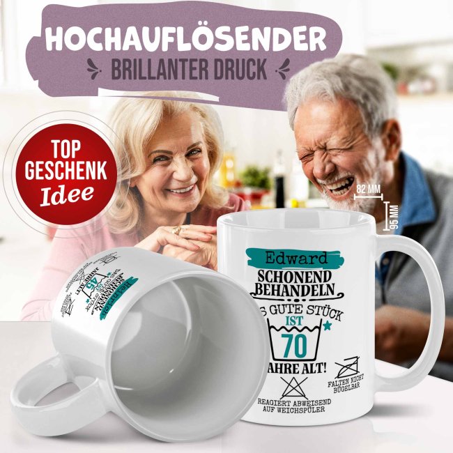 Personalisierte Tasse zum Geburtstag - Schonend behandeln - Das gute St&uuml;ck - M&auml;nnlich - mit Name &amp; Zahl