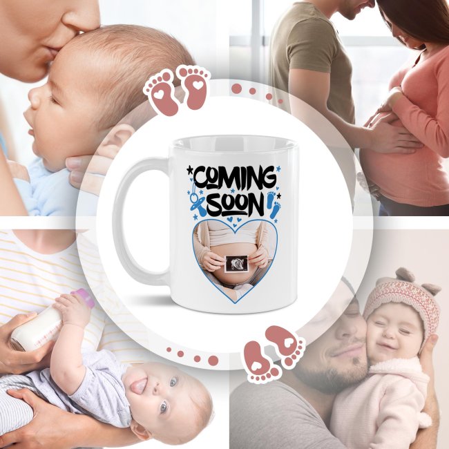 Personalisierte Tasse - Coming soon, blau - mit Foto