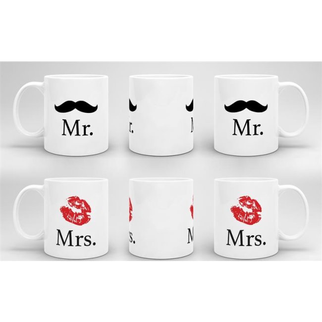 Tassenset Mr. und Mrs. mit Schnurrbart und Kussmund