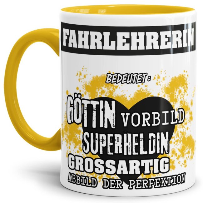 Berufe-Tasse in Gelb - Bedeutung einer Fahrlehrerin