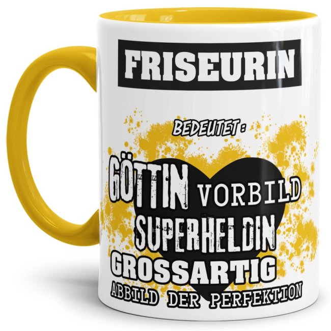 Berufe-Tasse in Gelb - Bedeutung einer Friseurin