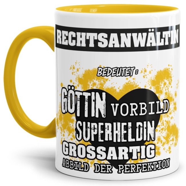 Berufe-Tasse in Gelb - Bedeutung einer Rechtsanw&auml;ltin