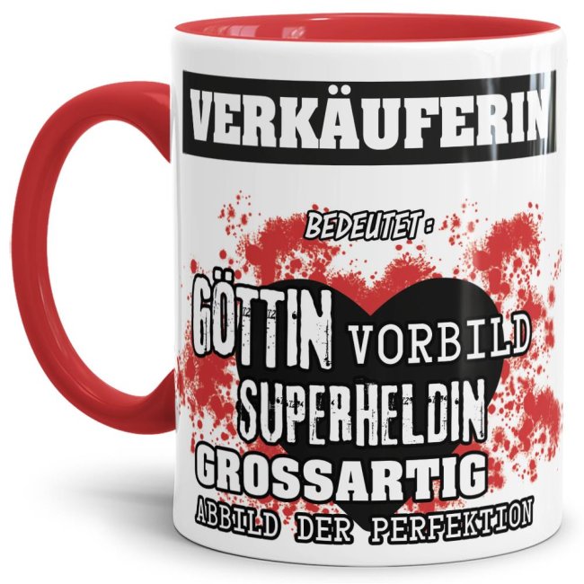 Berufe-Tasse in Rot - Bedeutung einer Verk&auml;uferin