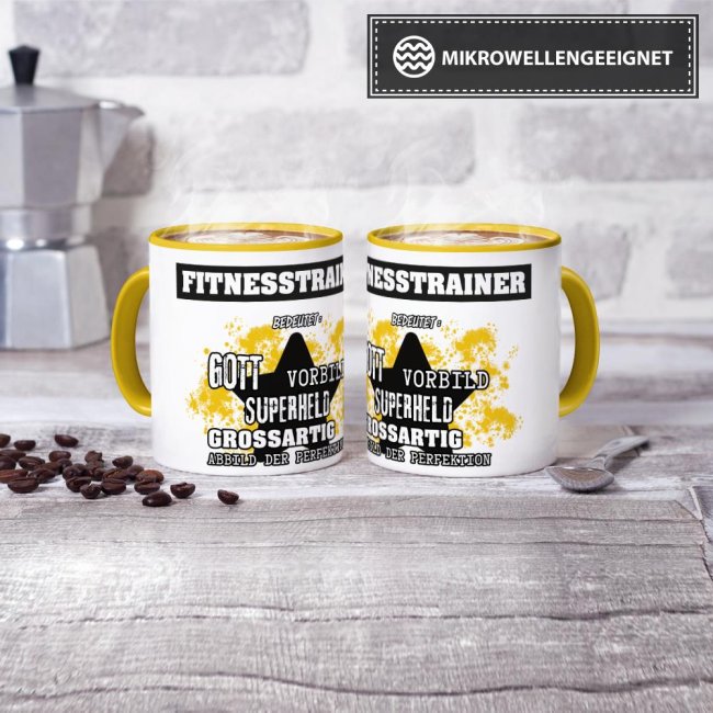 Berufe-Tasse - Bedeutung eines Fitnesstrainers - Gelb