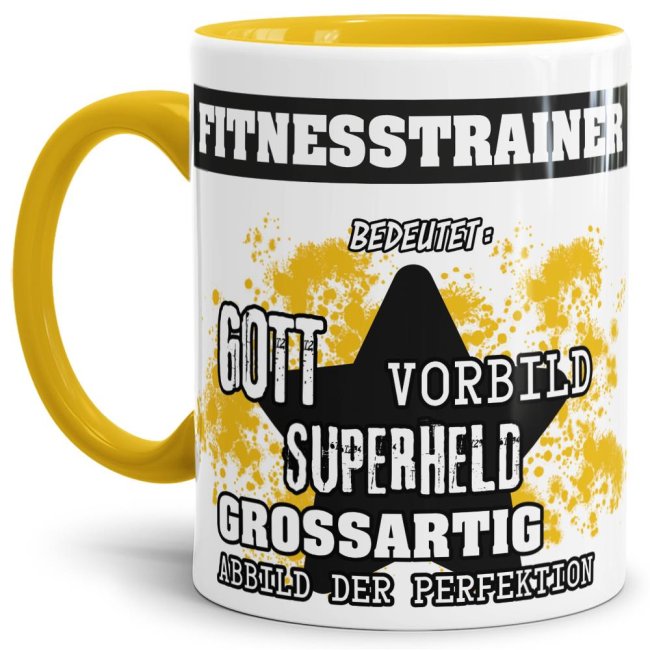 Berufe-Tasse - Bedeutung eines Fitnesstrainers - Gelb