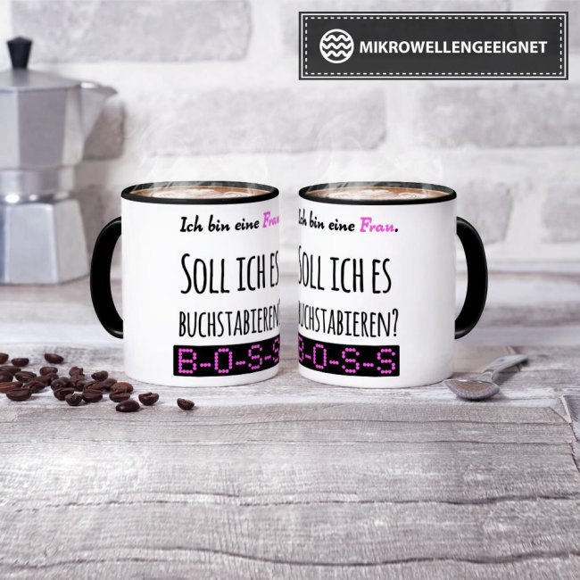 Tasse mit Spruch - Frau buchstabieren BOSS - Innen &amp; Henkel Schwarz