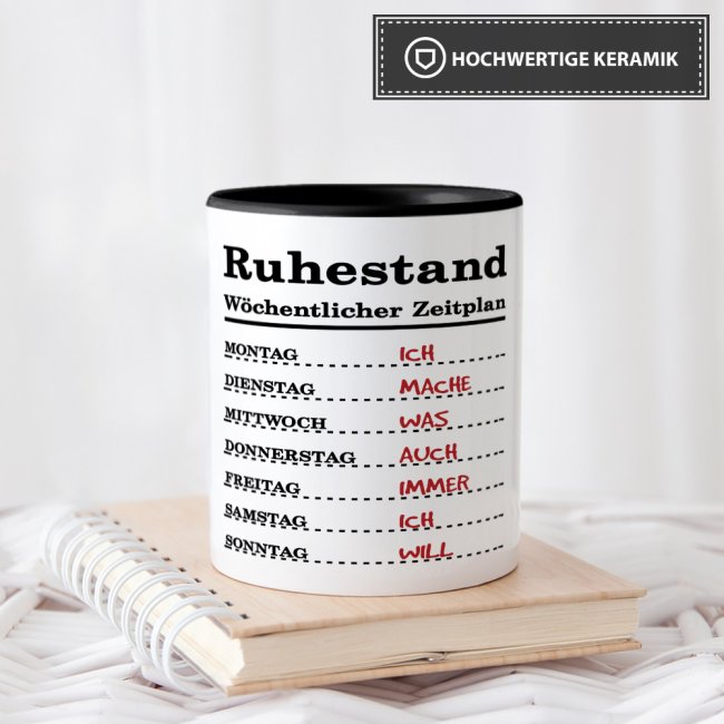 Tasse zum Ruhestand mit Wochenplan