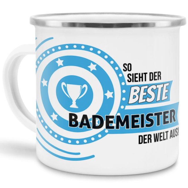 Emaille-Tasse mit Spruch - So sieht der beste Bademeister aus