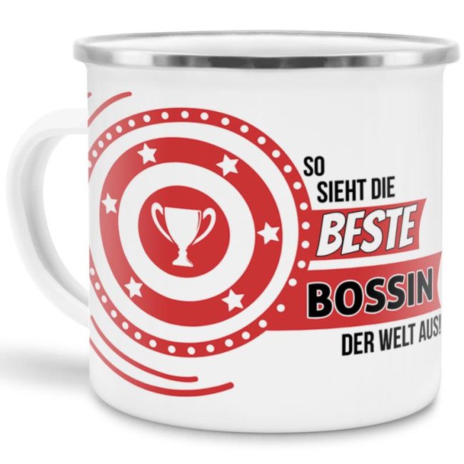 Emaille-Tasse mit Spruch - So sieht die beste Bossin aus