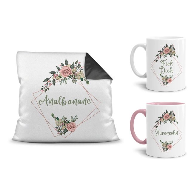 Freche Tassen und Kissen mit Blumenmotiv und Beleidigungsspruch