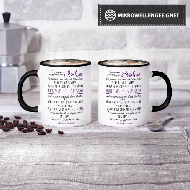 Tasse - mit Spruch von Mama f&uuml;r den Sohn - Innen &amp; Henkel Schwarz