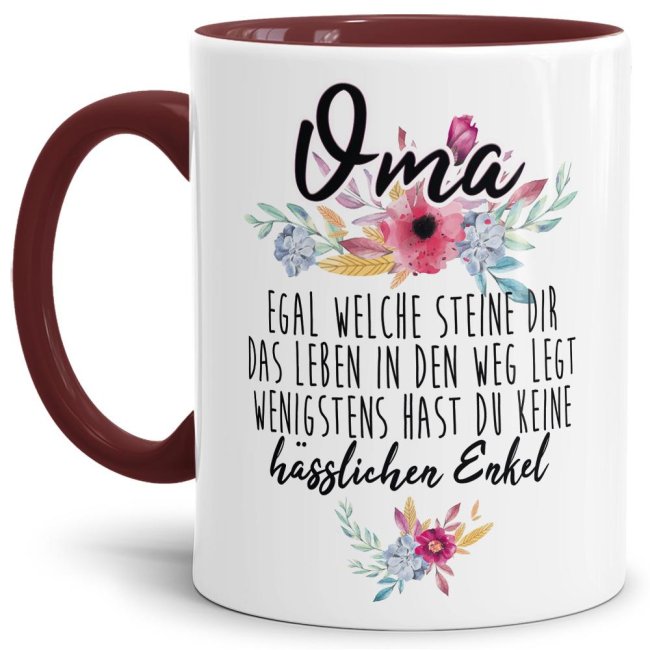 Tasse &quot;Oma - Wenigstens hast du keine h&auml;sslichen Enkelkinder&quot; - Innen &amp; Henkel Weinrot