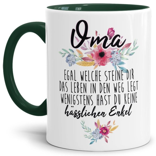 Tasse &quot;Oma - Wenigstens hast du keine h&auml;sslichen Enkelkinder&quot; - Innen &amp; Henkel Dunkelgr&uuml;n