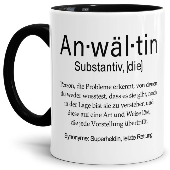 Tasse Dudenw&ouml;rter - Anw&auml;ltin - Innen &amp; Henkel Schwarz