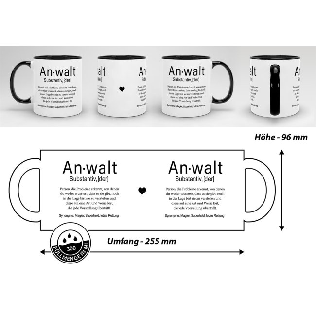 Tasse Dudenw&ouml;rter - Anwalt - Innen &amp; Henkel Schwarz