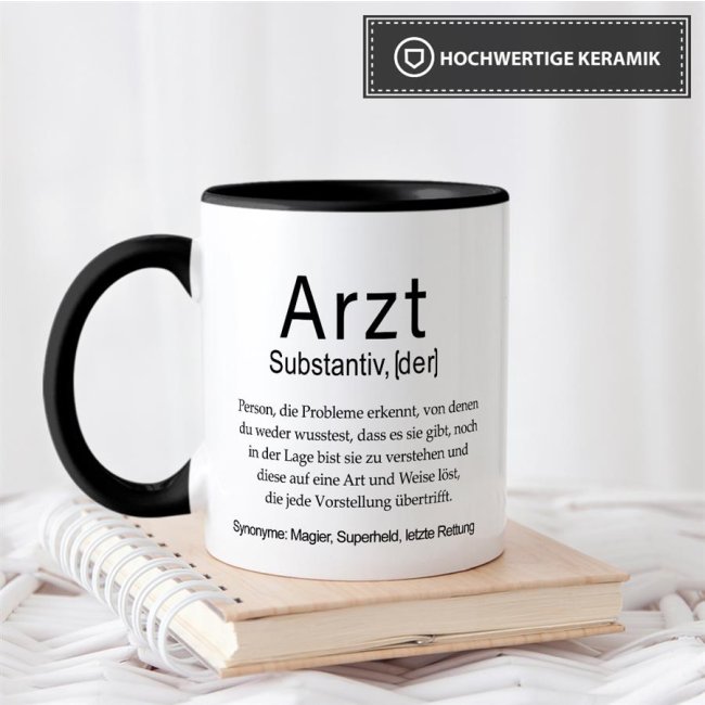 Tasse Dudenw&ouml;rter - Arzt - Innen &amp; Henkel Schwarz