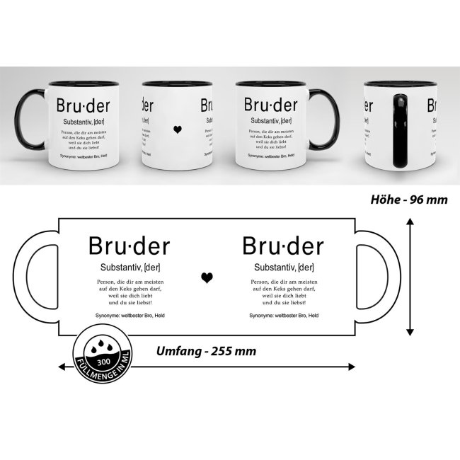 Tasse Dudenw&ouml;rter - Bruder - Innen &amp; Henkel Schwarz